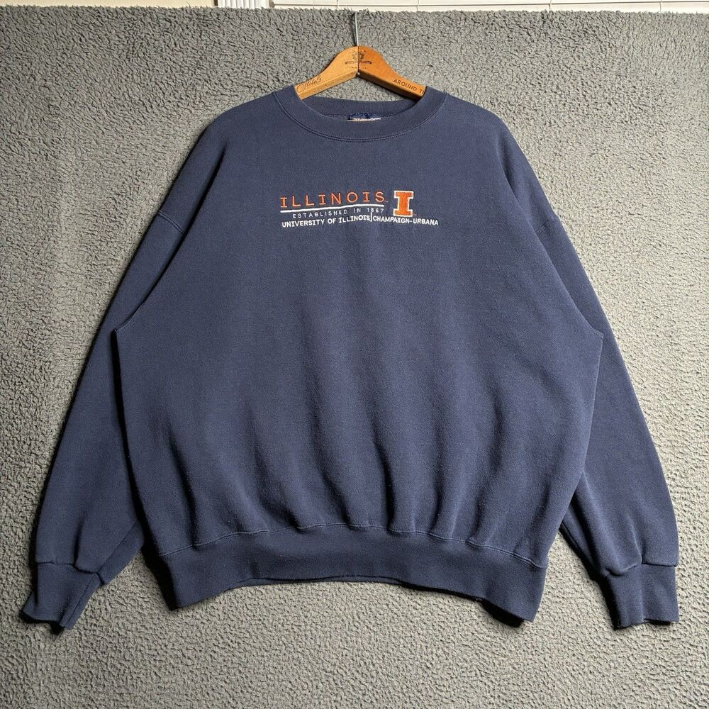 Vintage 90s University Of Illinois Crewneck Sweatshirt Sz 2XL Navy Blue USA Made